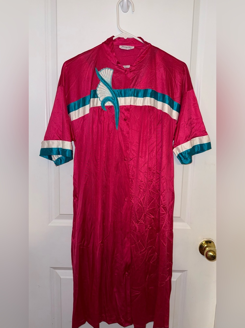 Vanity Fair Vtg Pink/Teal Satin Button Front PJ Robe and Nightgown Size Small